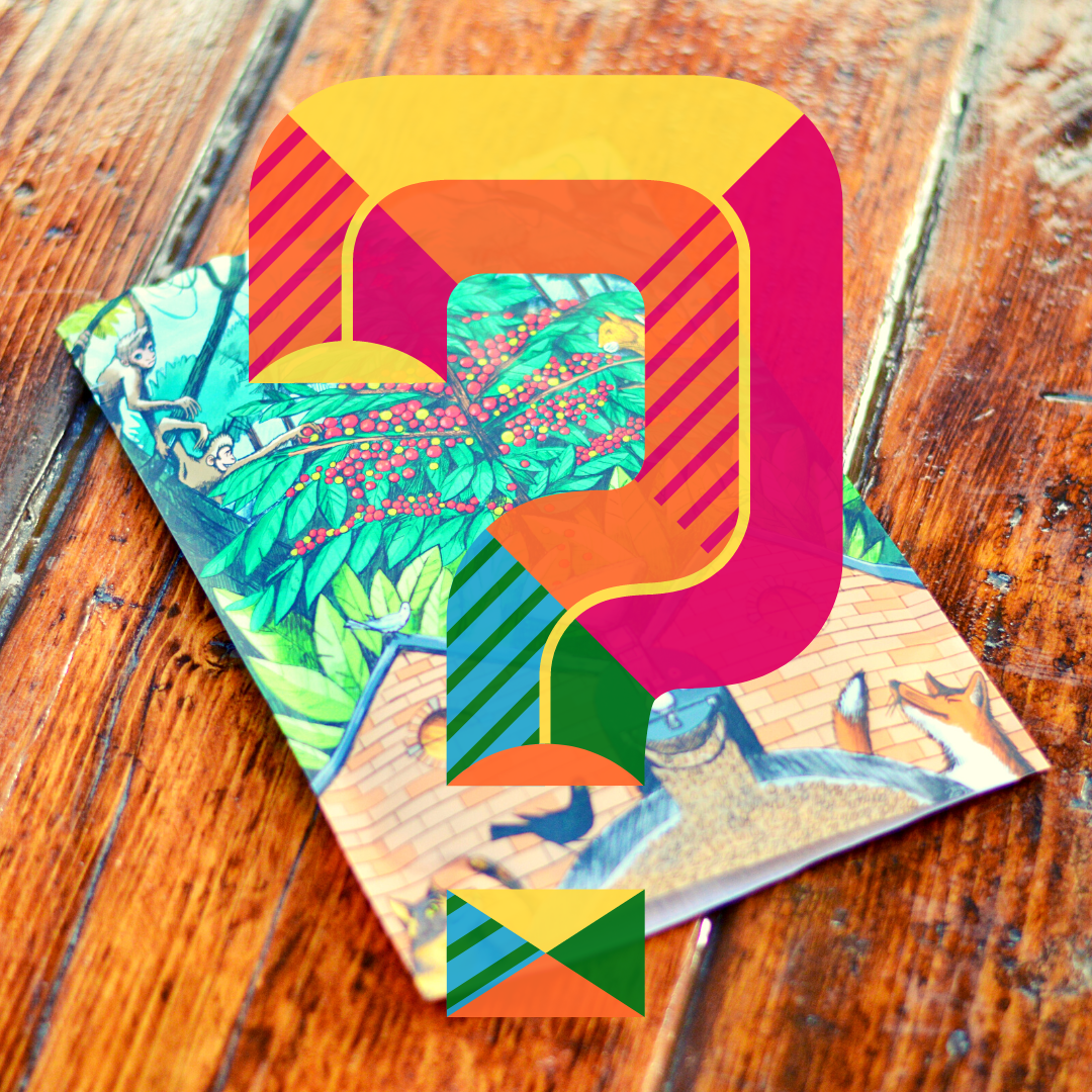 A bag of FCR beans with a large, brightly coloured question mark overlaid. 